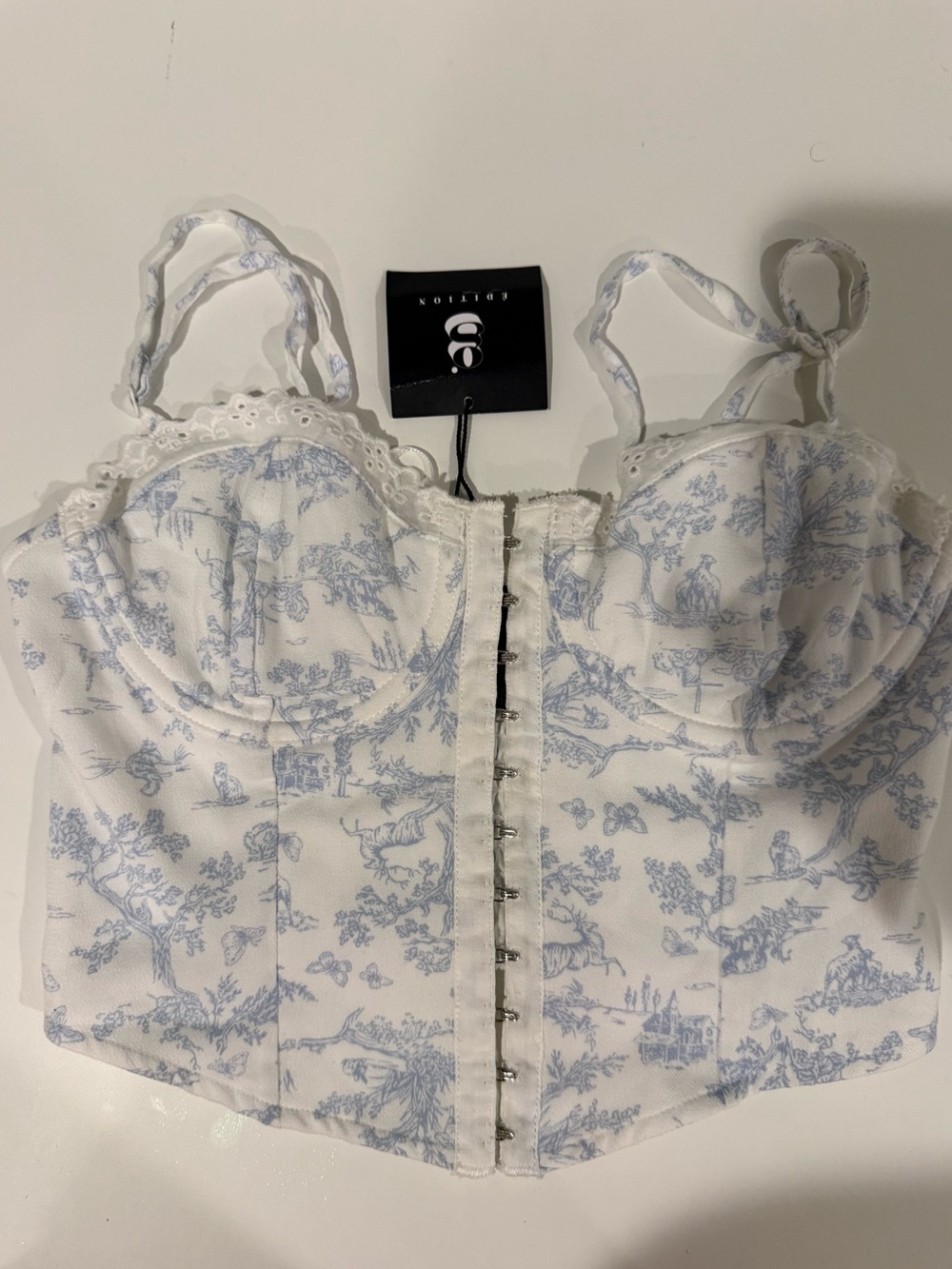White & Light Blue Toile Corset Top